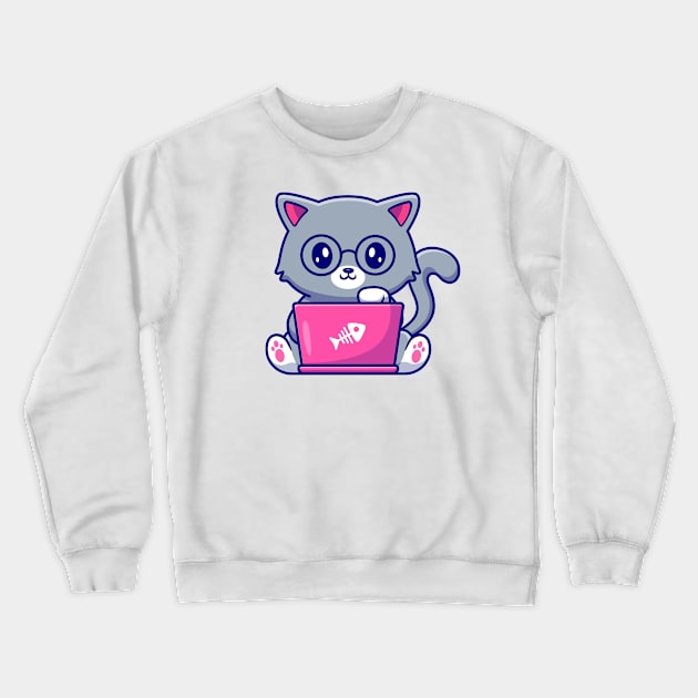 Cute Cat Working On Laptop Crewneck Sweatshirt by Catalyst Labs